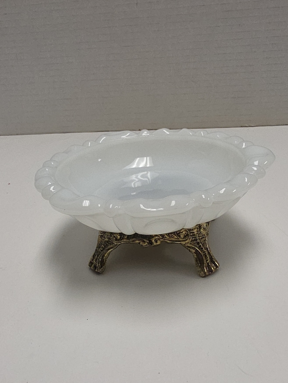 White Milk Glass Scalloped Dish with Ornate Brass-Finish Stand